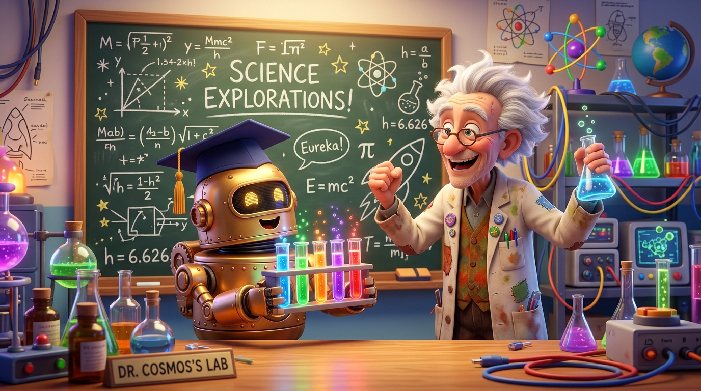 Dr Cosmos e Robô com Tubos de Ensaio