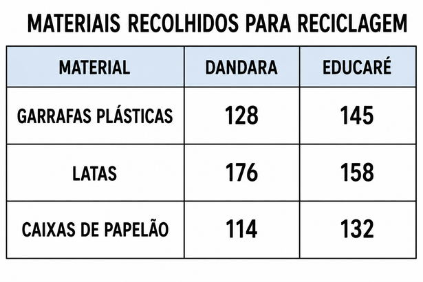 Tabela de Materiais: Latas (Dandara: 176 | Educaré: 158)