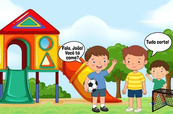 João conversando com o colega: Fala, João! Você tá como? / Tudo certo!